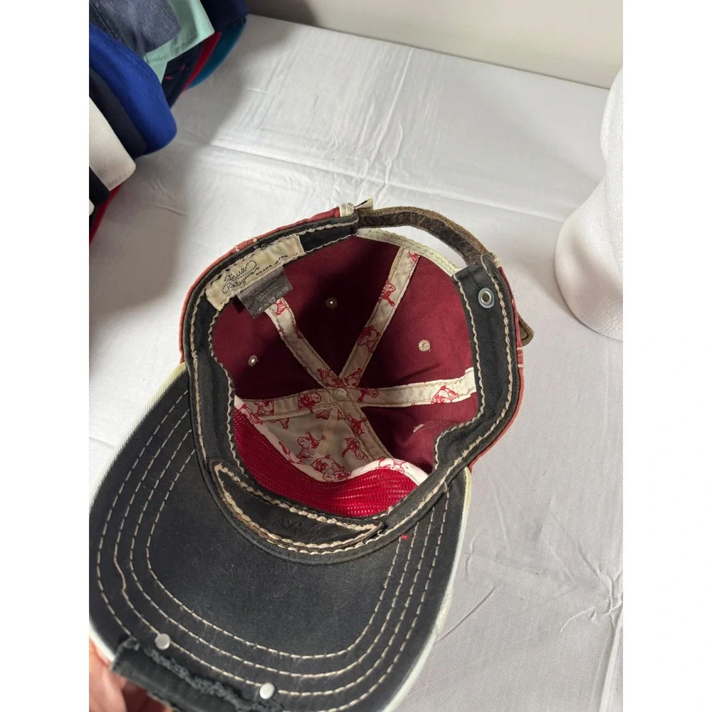 Vtg Y2K True Religion Distressed Buddha Guitar Hat Burgundy Strapback Cap Rare